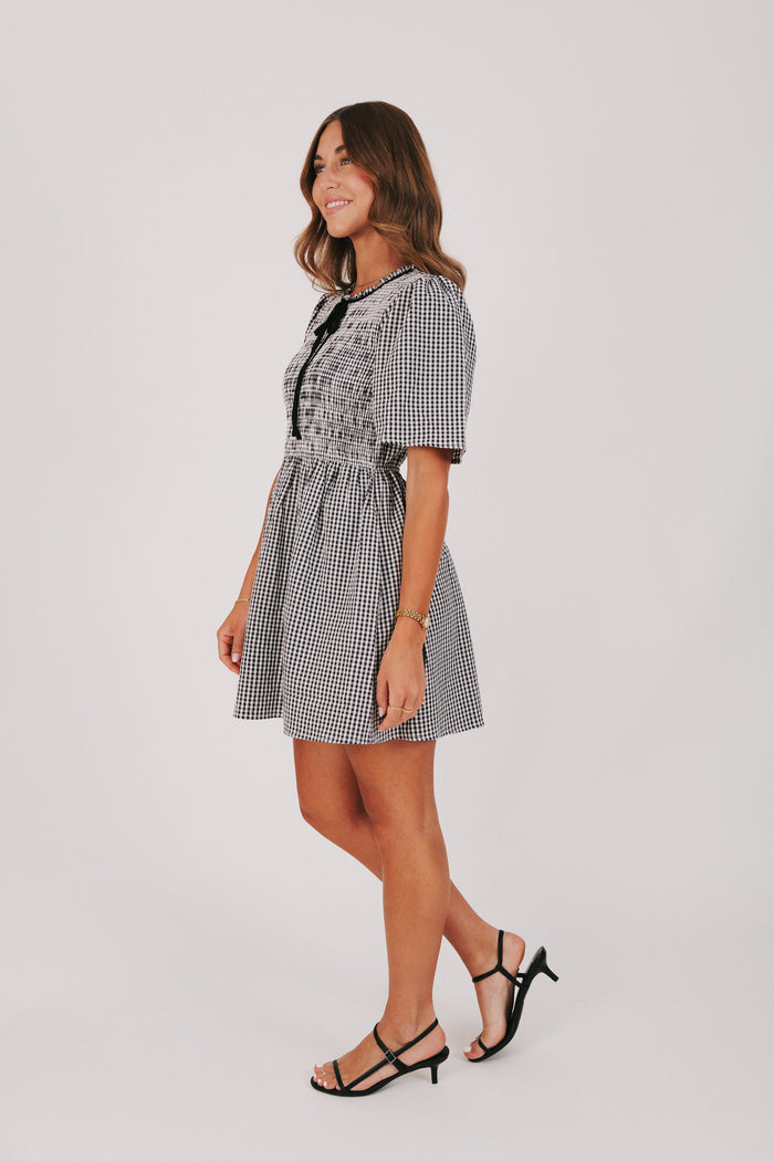 black and white gingham dress with bow detail