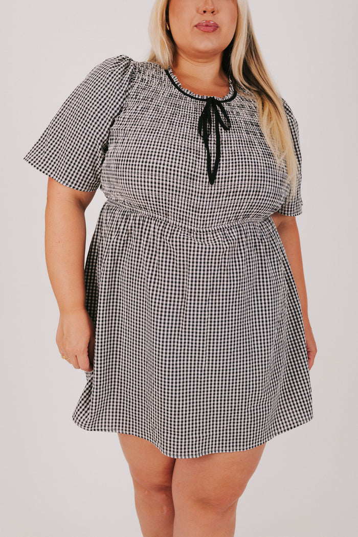 black and white gingham dress with bow detail