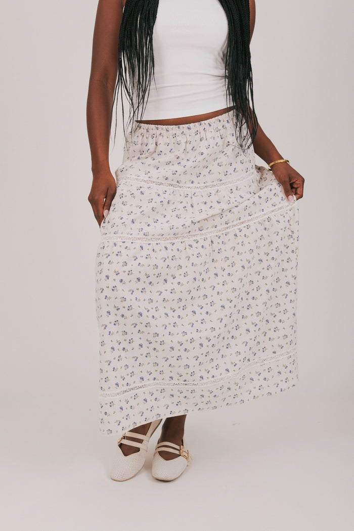 ivory floral tiered skirt with lace detailing front