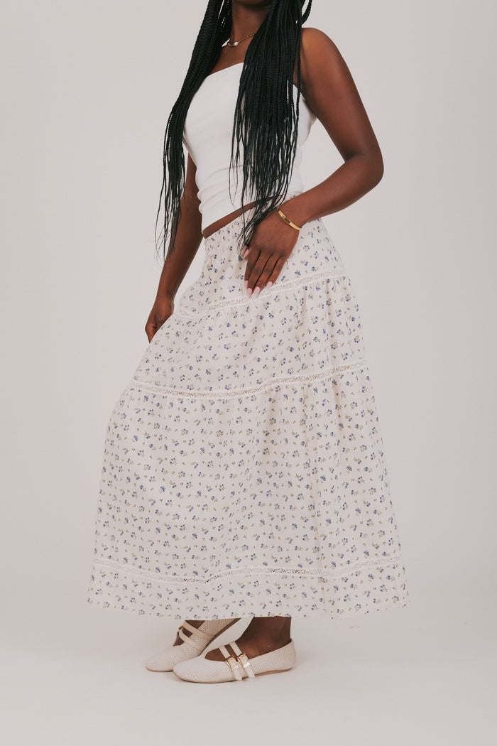 ivory floral tiered skirt with lace detailing side