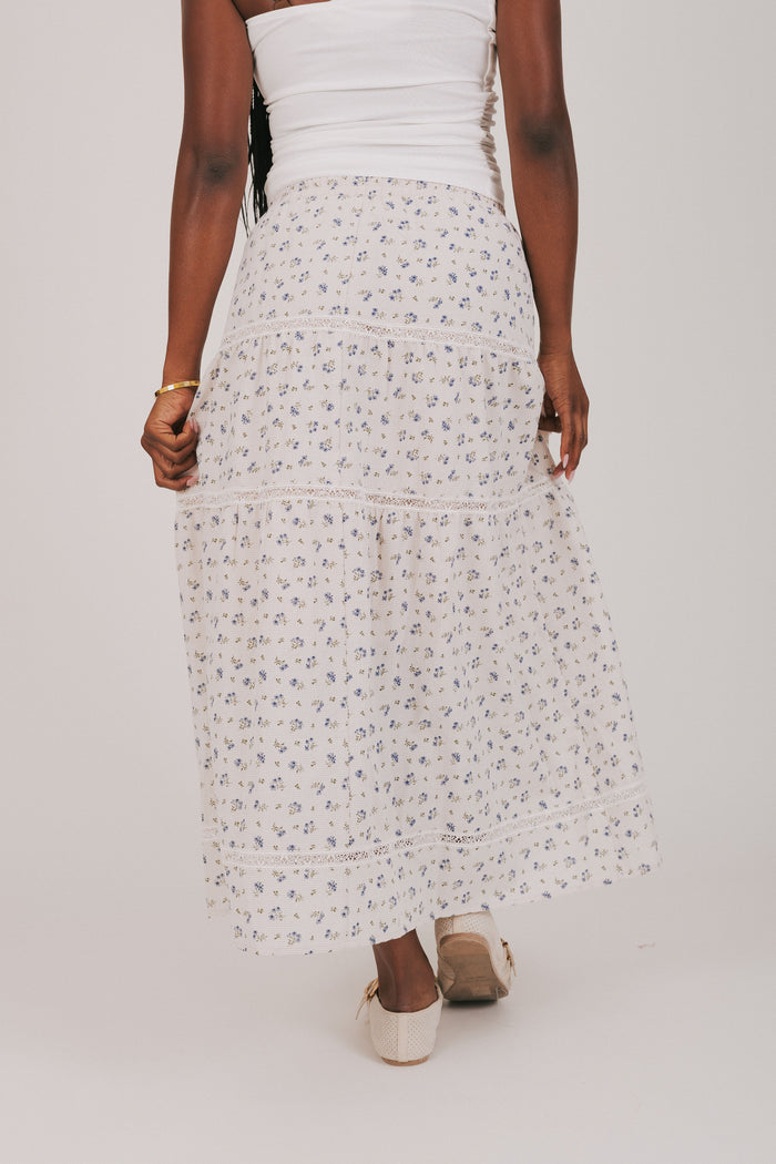 ivory floral tiered skirt with lace detailing back