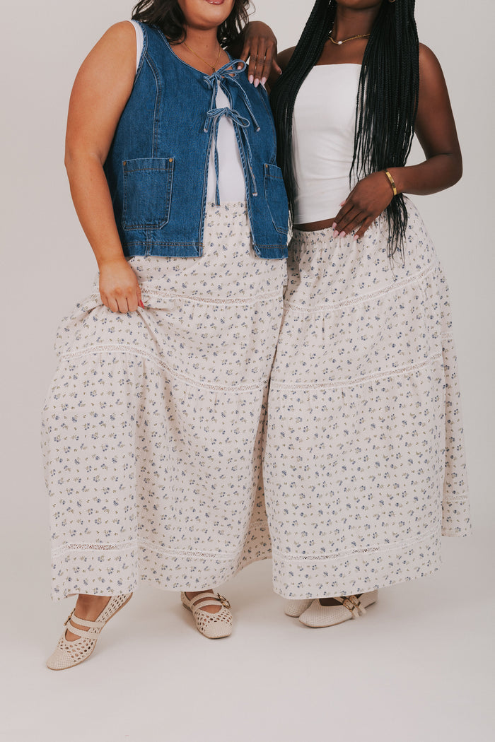 ivory floral tiered skirt with lace detailing models front