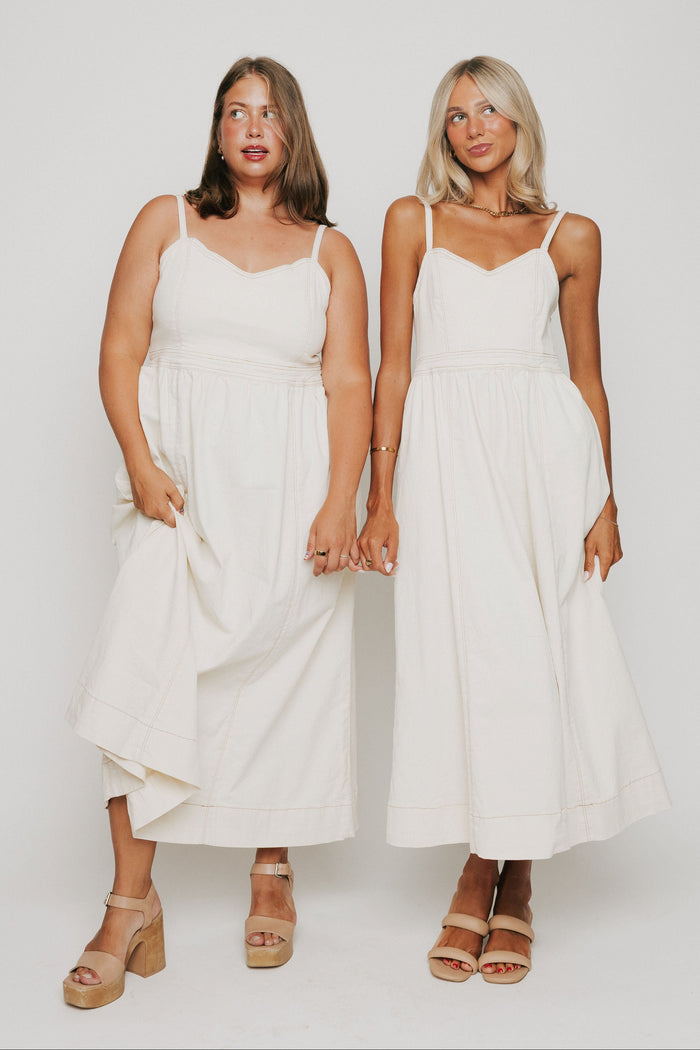 white denim spaghetti strap maxi dress with sweetheart neckline