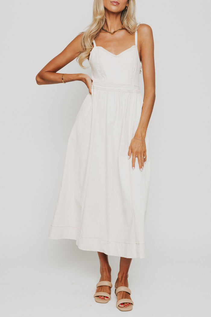 white denim spaghetti strap maxi dress with sweetheart neckline