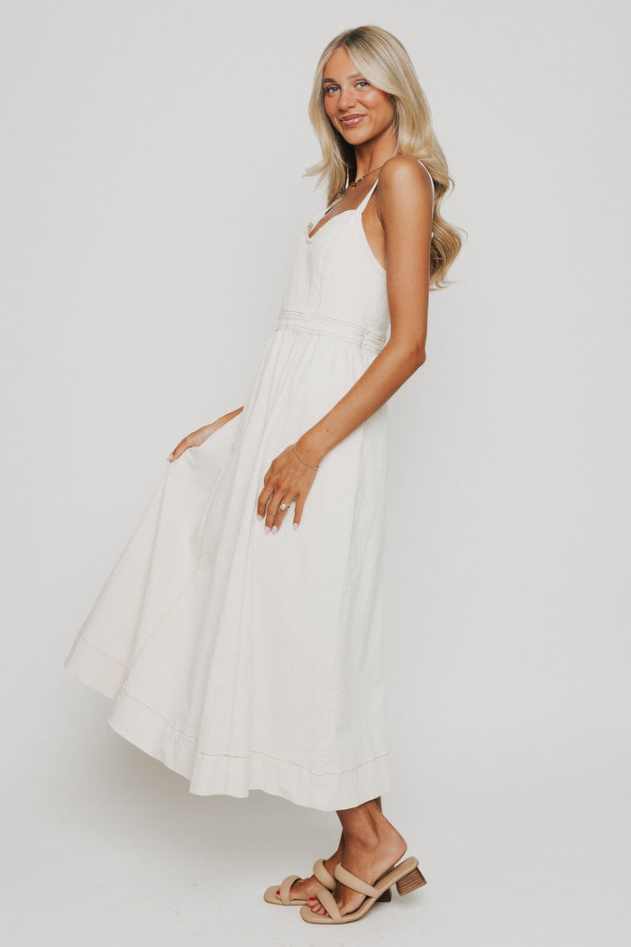 white denim spaghetti strap maxi dress with sweetheart neckline side