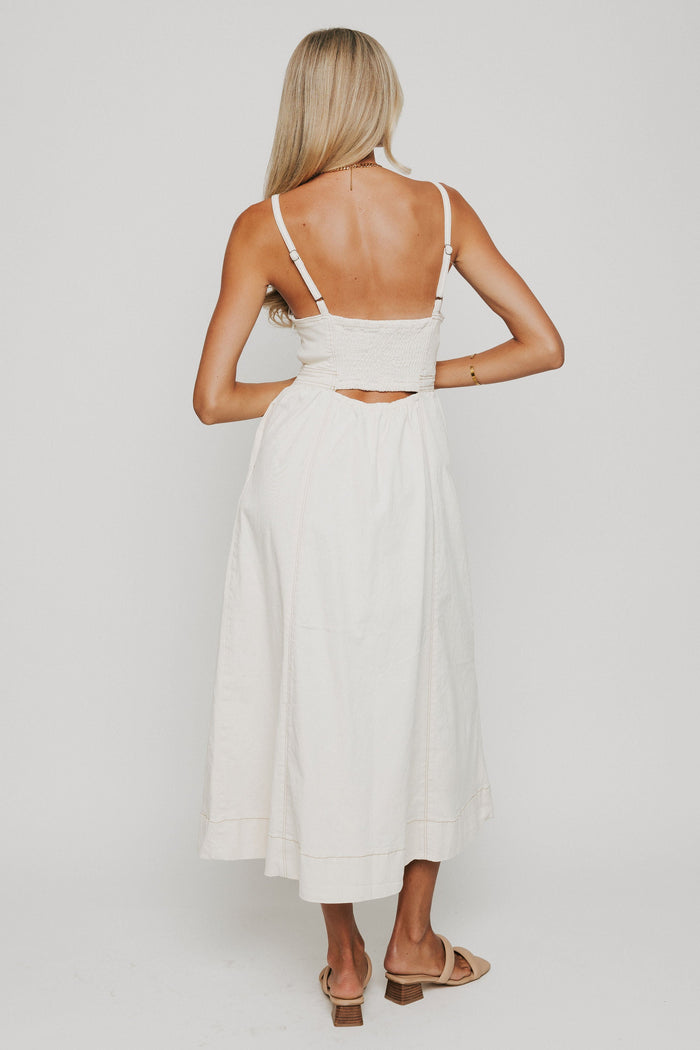 white denim spaghetti strap maxi dress with sweetheart neckline back