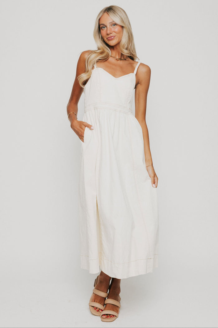 white denim spaghetti strap maxi dress with sweetheart neckline full