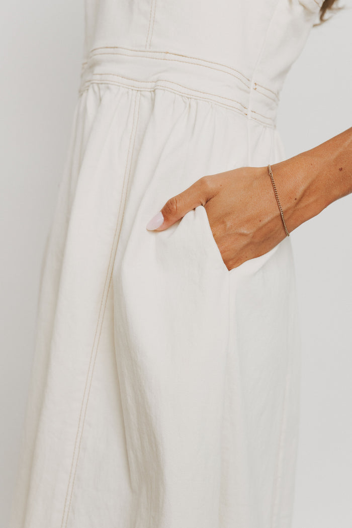 white denim spaghetti strap maxi dress with sweetheart neckline pockets
