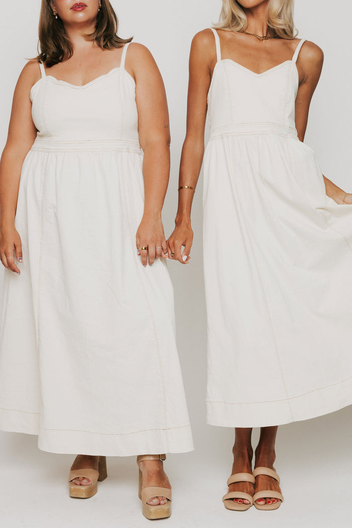white denim spaghetti strap maxi dress with sweetheart neckline models full 2