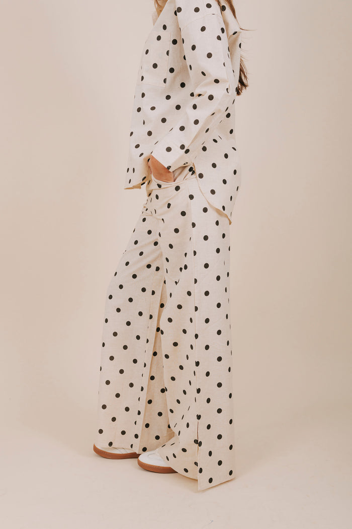 black polka dot wide leg pants side