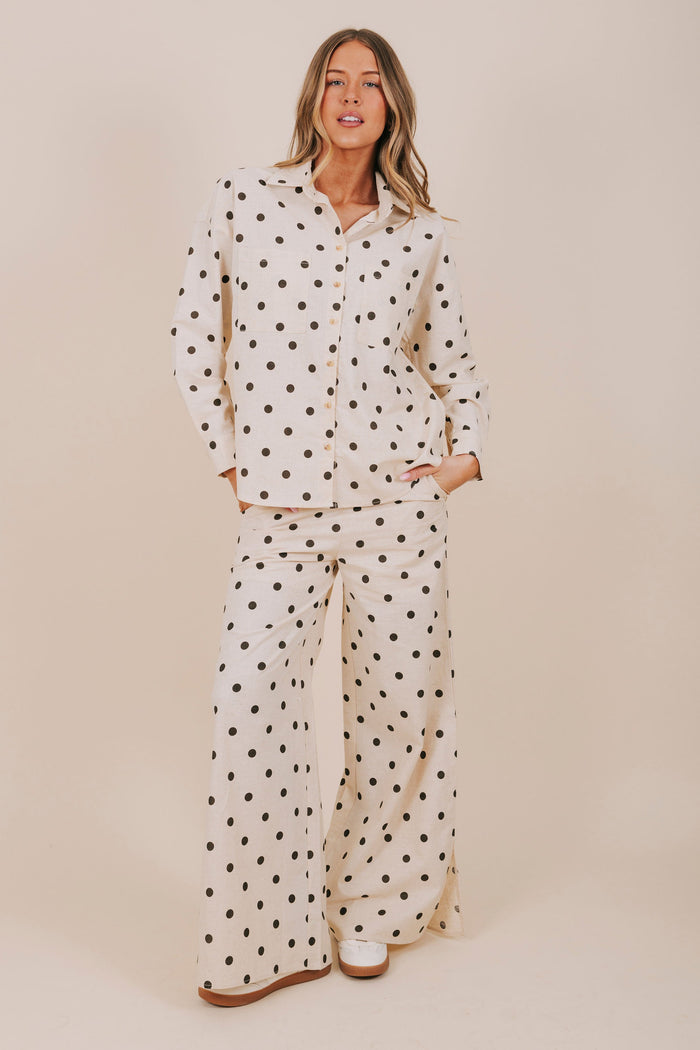 black polka dot wide leg pants full