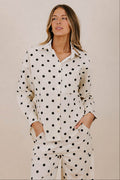 black polka dot button down top front