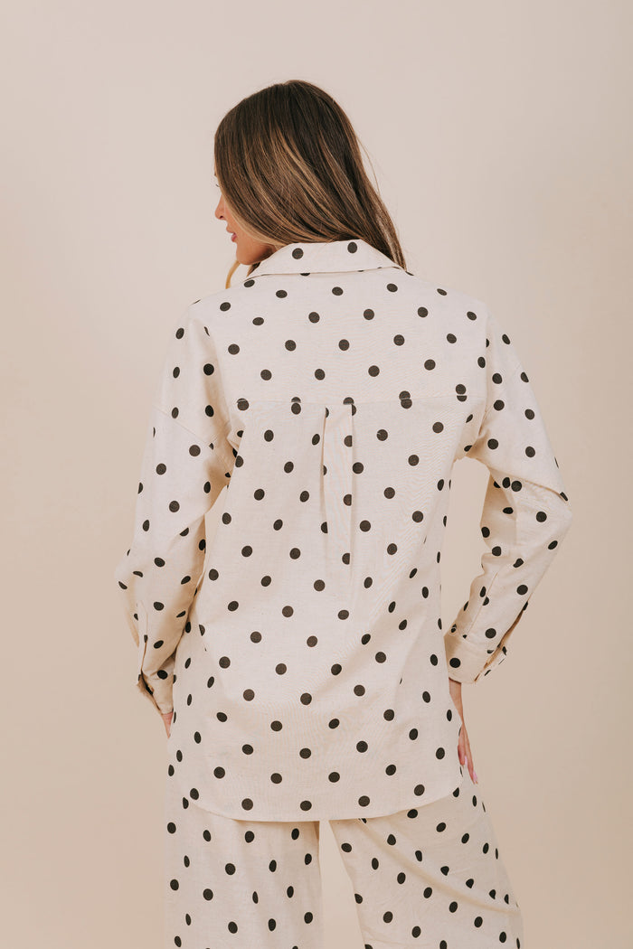 black polka dot button down top back