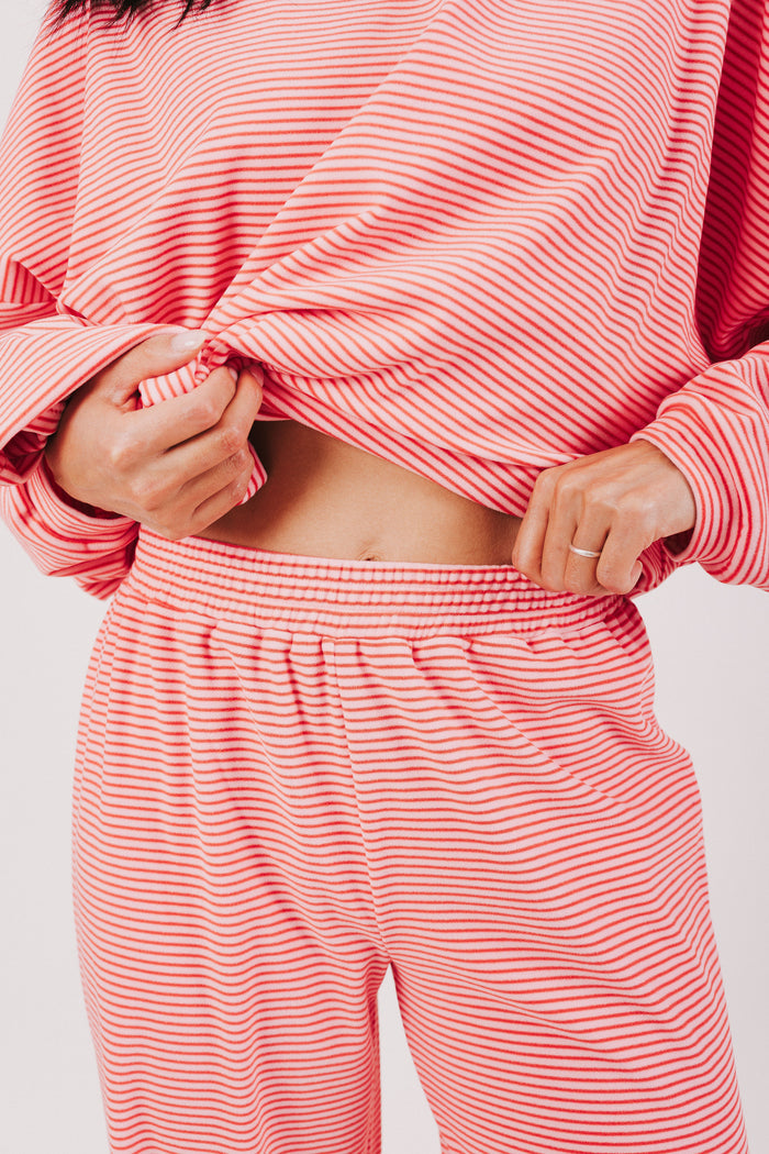 pink and red striped lounge pants waistline