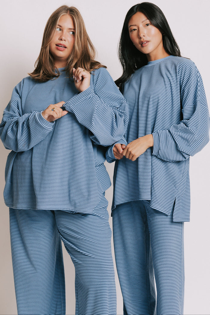 blue striped oversized long sleeve top models