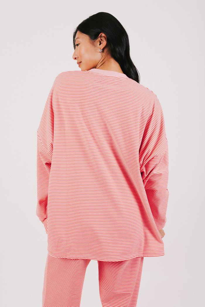 pink and red striped oversized long sleeve top back