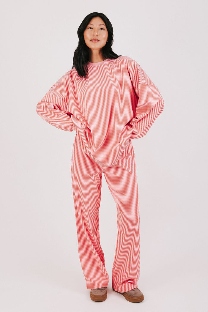 pink and red striped oversized long sleeve top full
