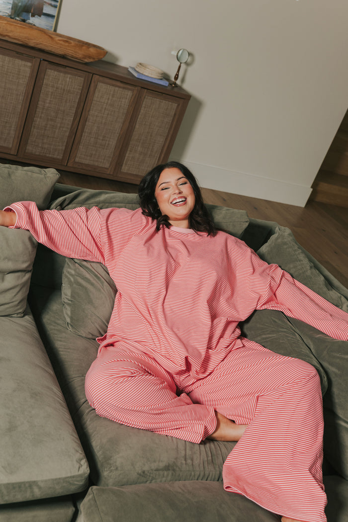 pink and red striped loungewear long sleeve oversized top with matching pants