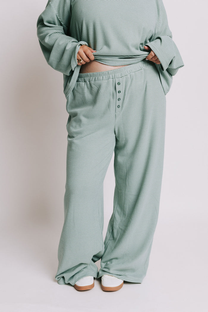 green striped lounge pants with button detail plus