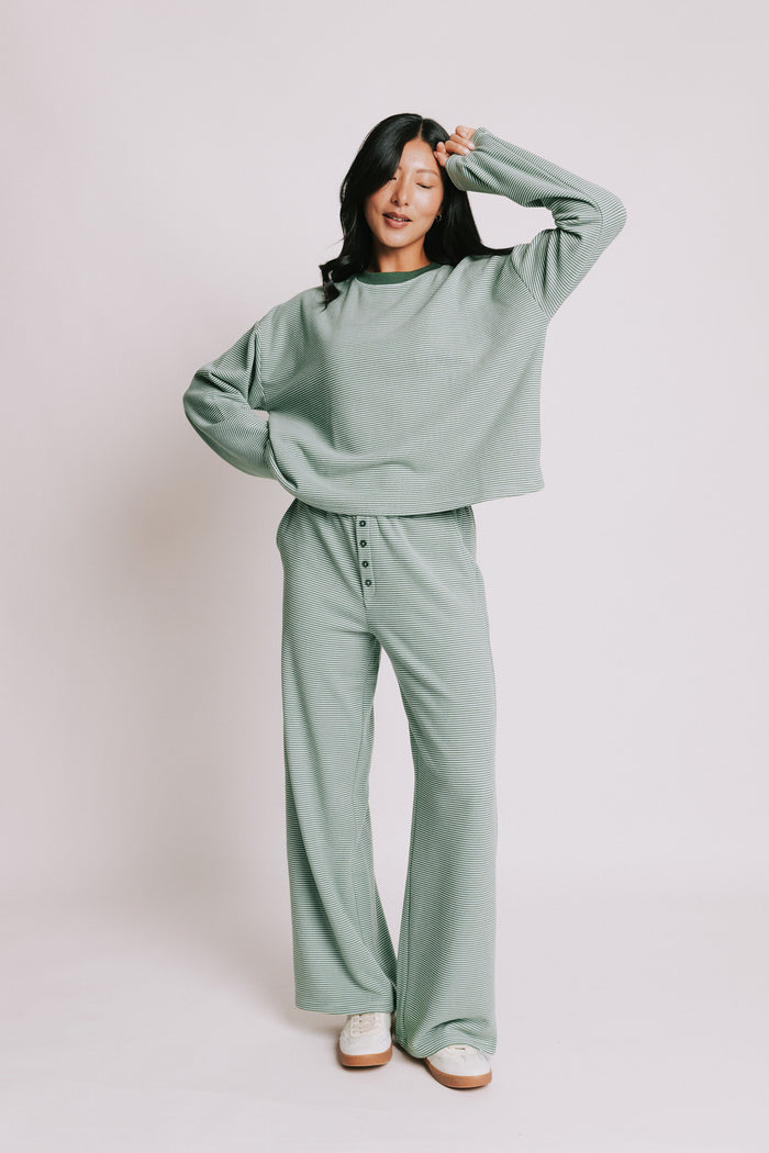 green striped long sleeve top with contrasting neckline full
