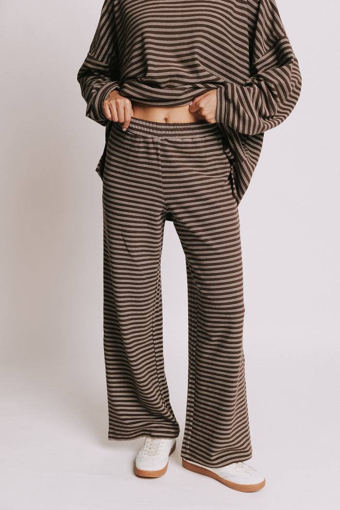 brown striped elastic waist lounge pants