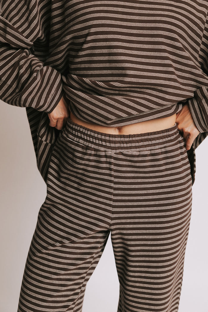 brown striped elastic waist lounge pants front