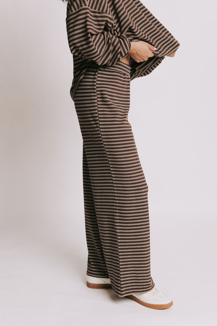 brown striped elastic waist lounge pants side