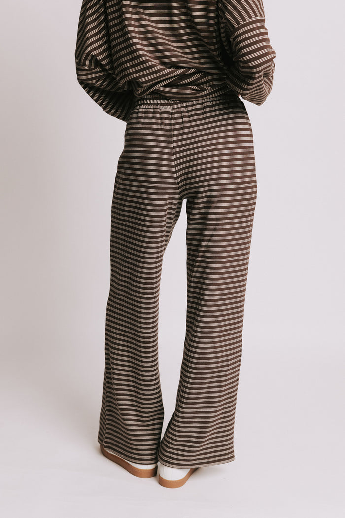 brown striped elastic waist lounge pants back