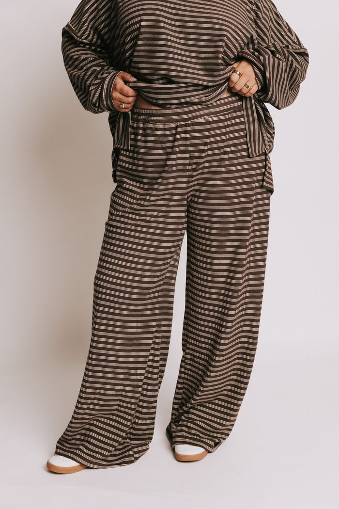 brown striped elastic waist lounge pants plus
