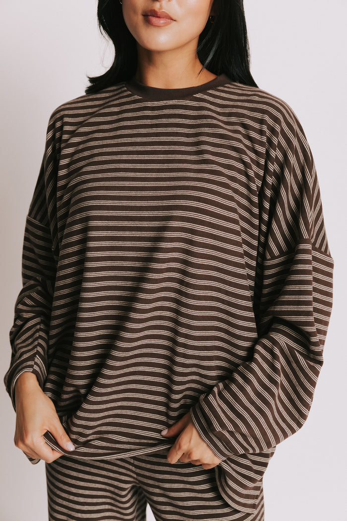 brown striped long sleeve lounge top front