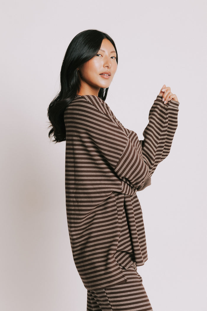 brown striped long sleeve lounge top side