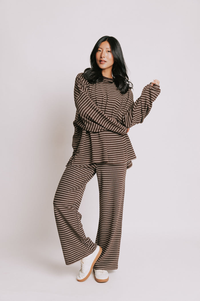 brown striped long sleeve lounge top full