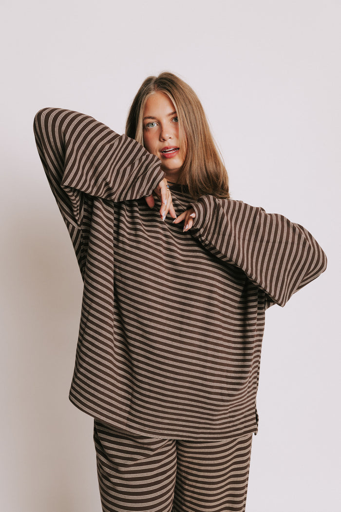 brown striped long sleeve lounge top plus