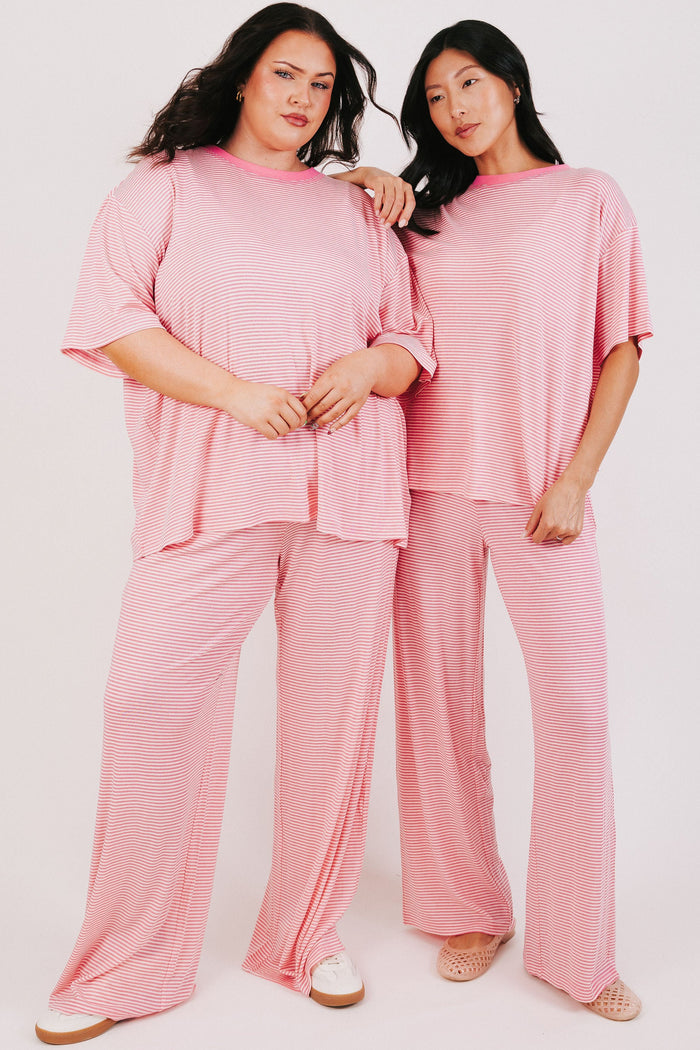 pink and white striped lounge pants