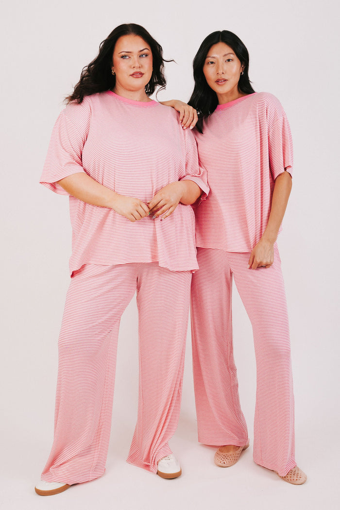 pink and white striped lounge pants models full