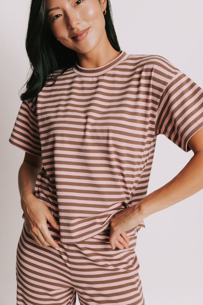 striped boxy short sleeve top pink front