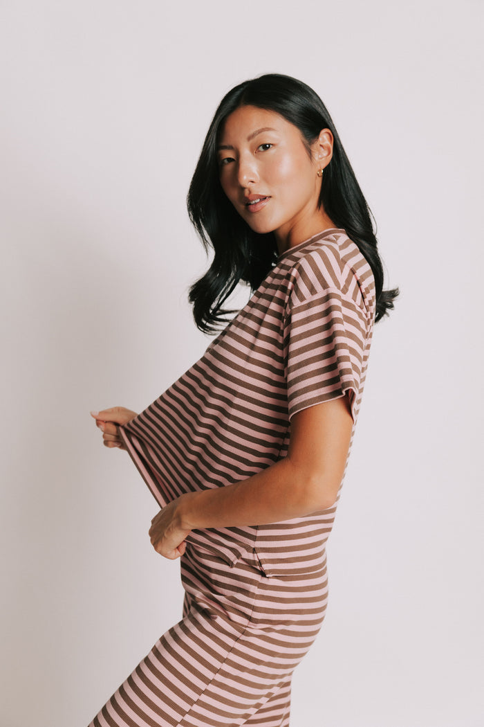 striped boxy short sleeve top pink side