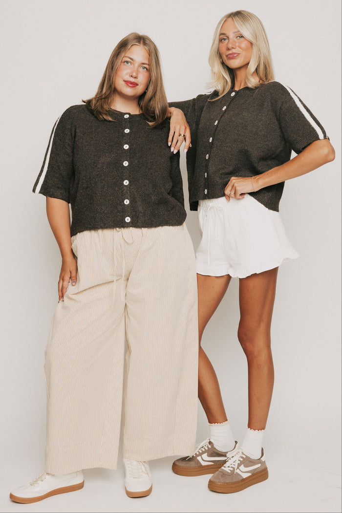 brown short sleeve cardigan with stripes on shoulders