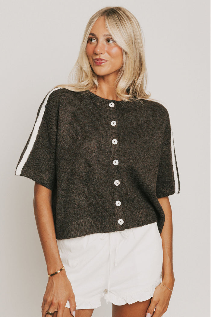 brown short sleeve cardigan with stripes on shoulders
