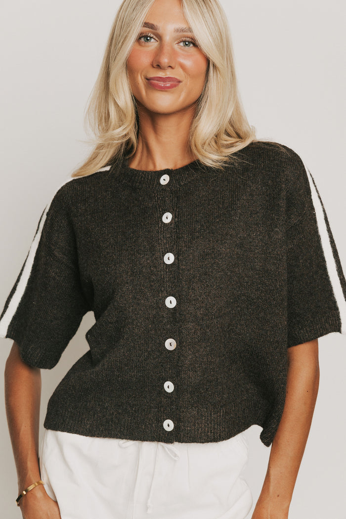 brown short sleeve cardigan with stripes on shoulders