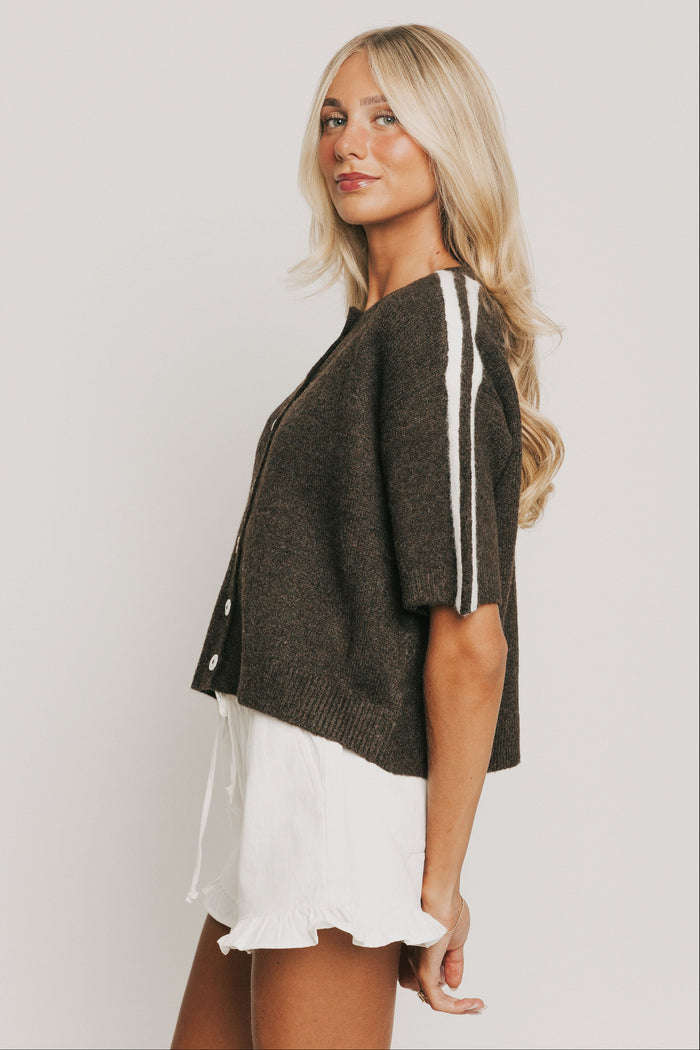 brown short sleeve cardigan with stripes on shoulders