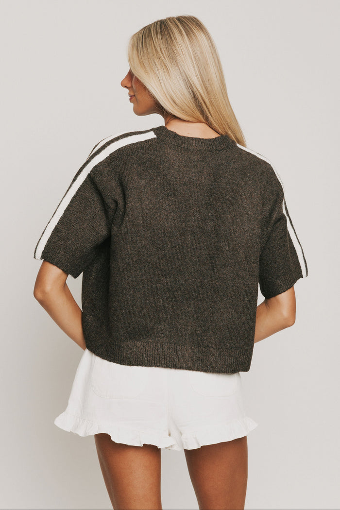 brown short sleeve cardigan with stripes on shoulders back