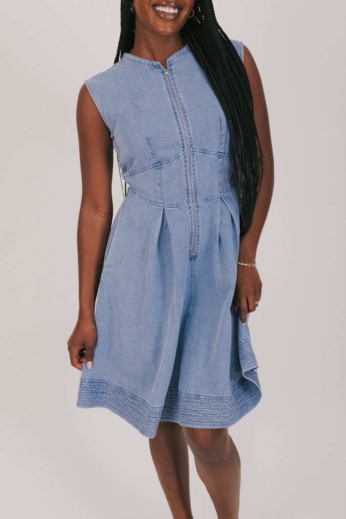 front zipper denim dress close