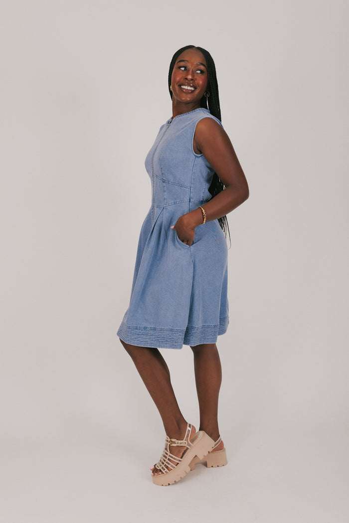 front zipper denim dress side