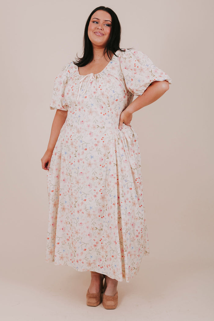 plus size floral drawstring gathered midi dress full