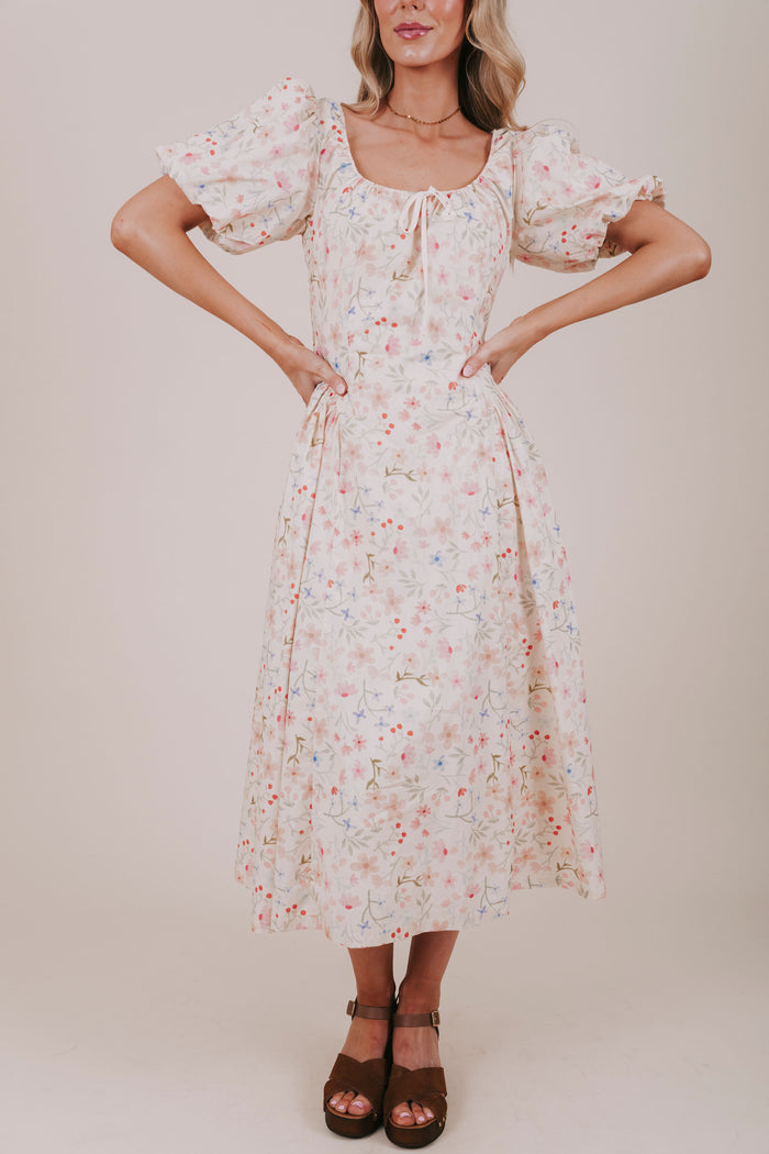 floral drawstring gathered midi dress front