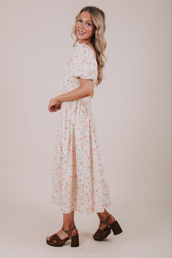 floral drawstring gathered midi dress side