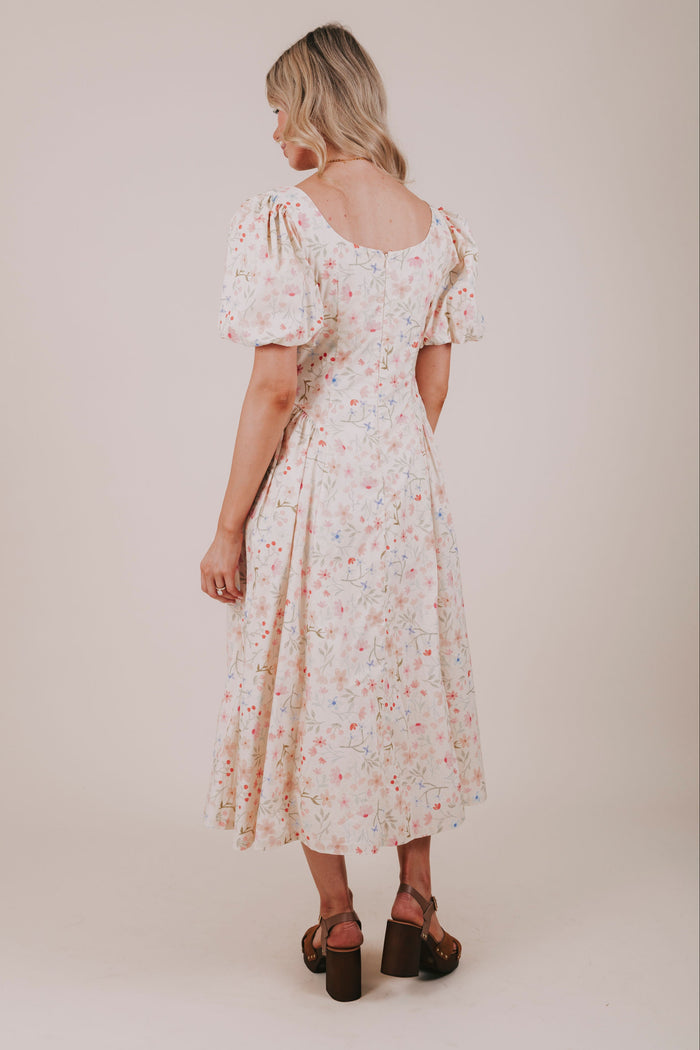 floral drawstring gathered midi dress back