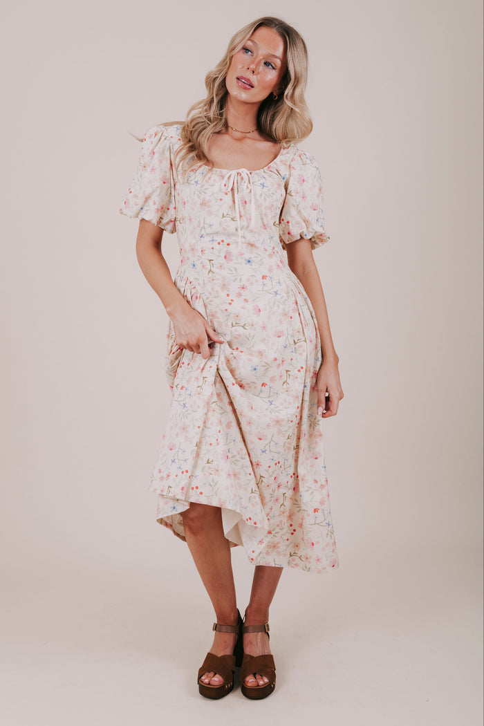 floral drawstring gathered midi dress full