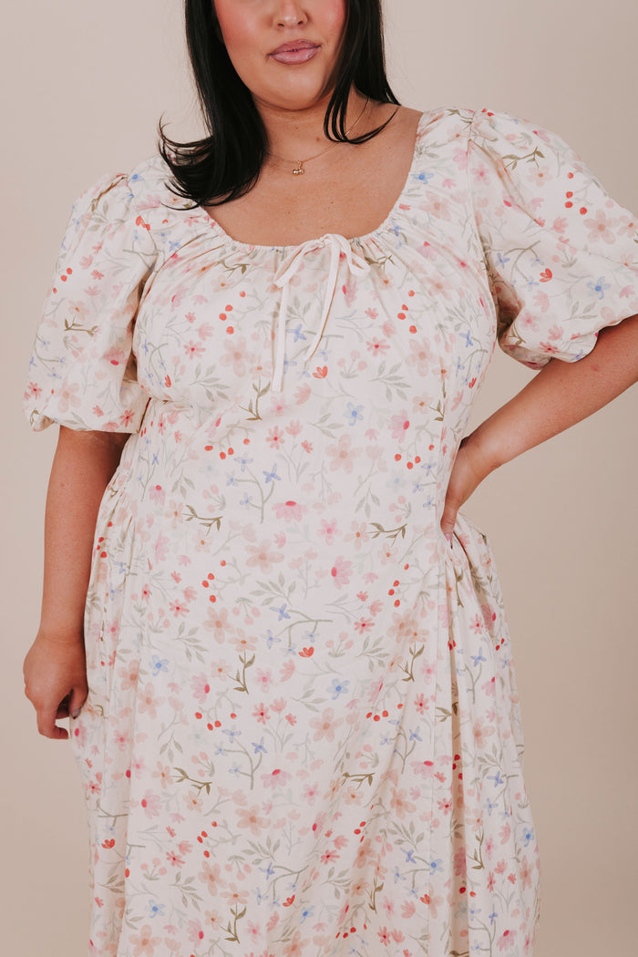 plus size floral drawstring gathered midi dress detail